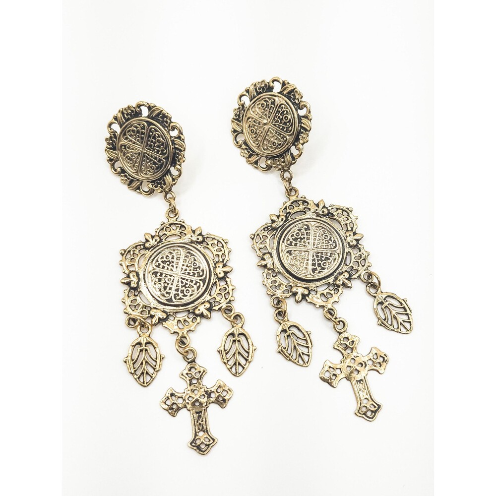 Vintage Spanish Revival Cross Earrings Gold Tone Filigree Dangle Gothic Victoria